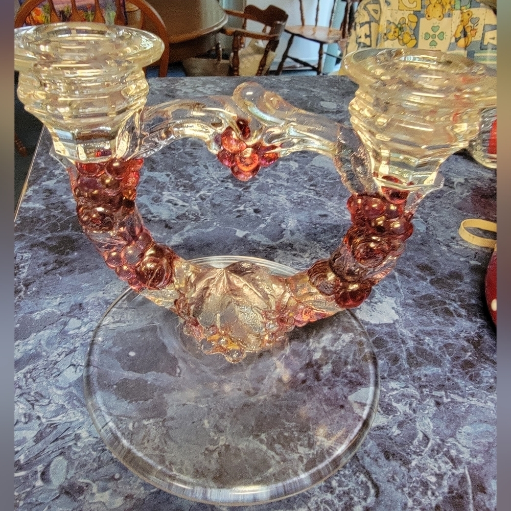 Vintage Indiana Glass Double Candle With Color Grapes And Vine Holder